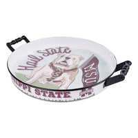 Round tray with a bulldog illustration and 'Hail State' text on a white background