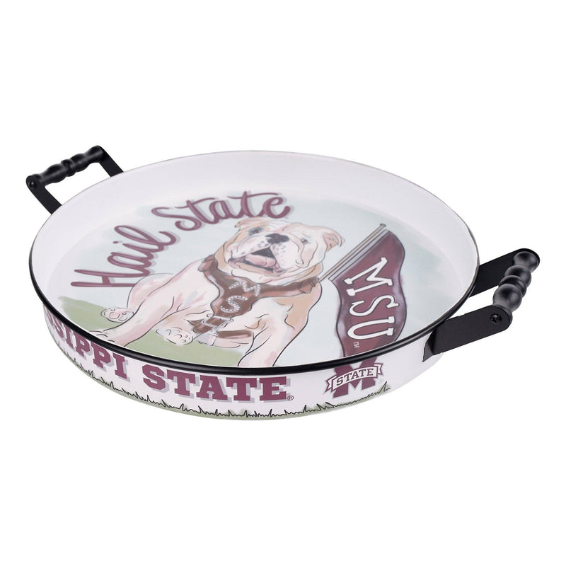 Round tray with a bulldog illustration and 'Hail State' text on a white background