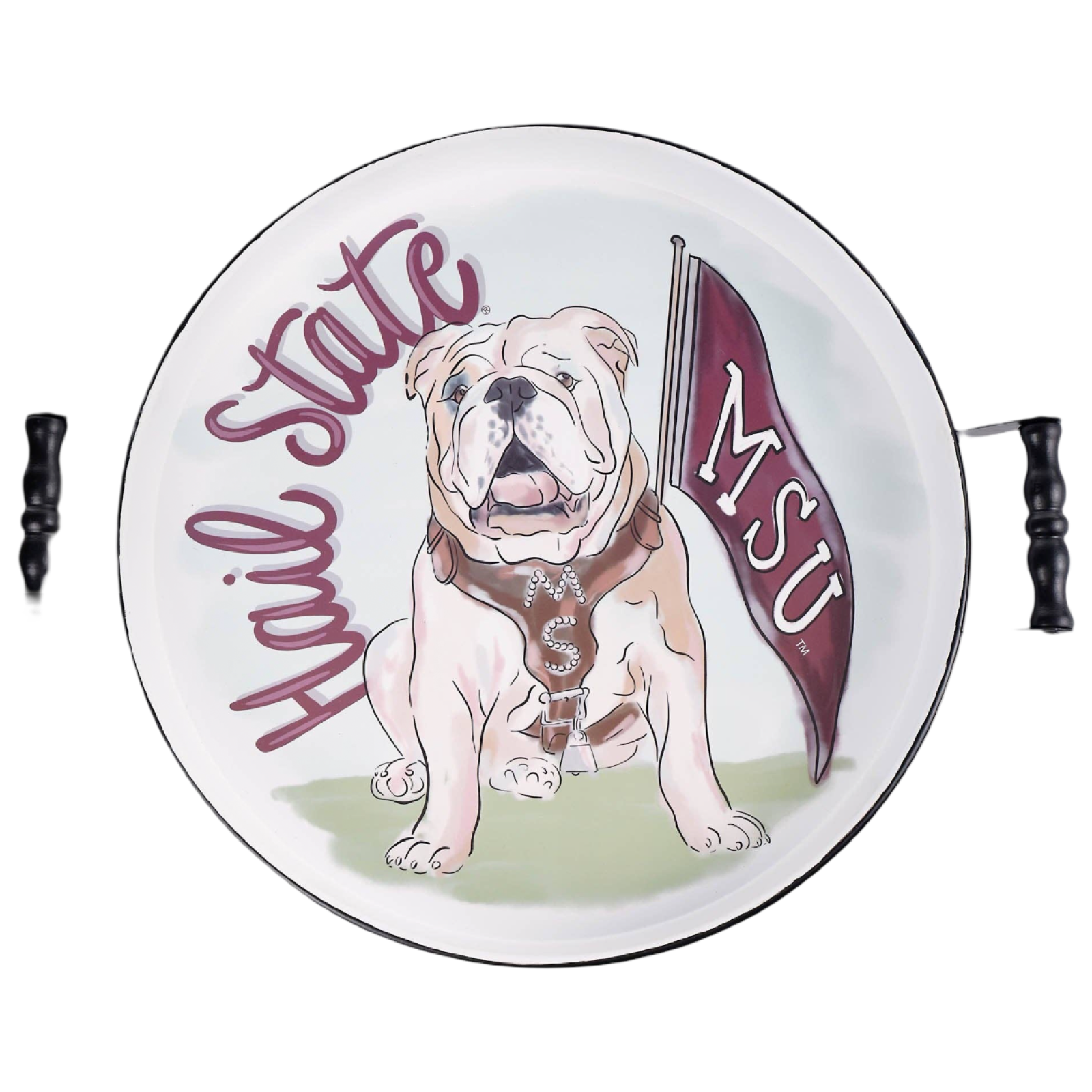 Decorative plate with a bulldog illustration and 'Hail State MSU' text on a white background