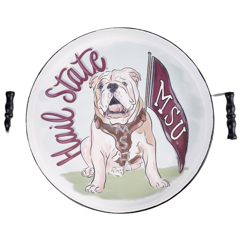 Decorative plate with a bulldog illustration and 'Hail State MSU' text on a white background