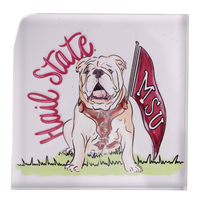 Decorative tile with a bulldog illustration, 'Hail State' text, and an MSU flag on a white background.