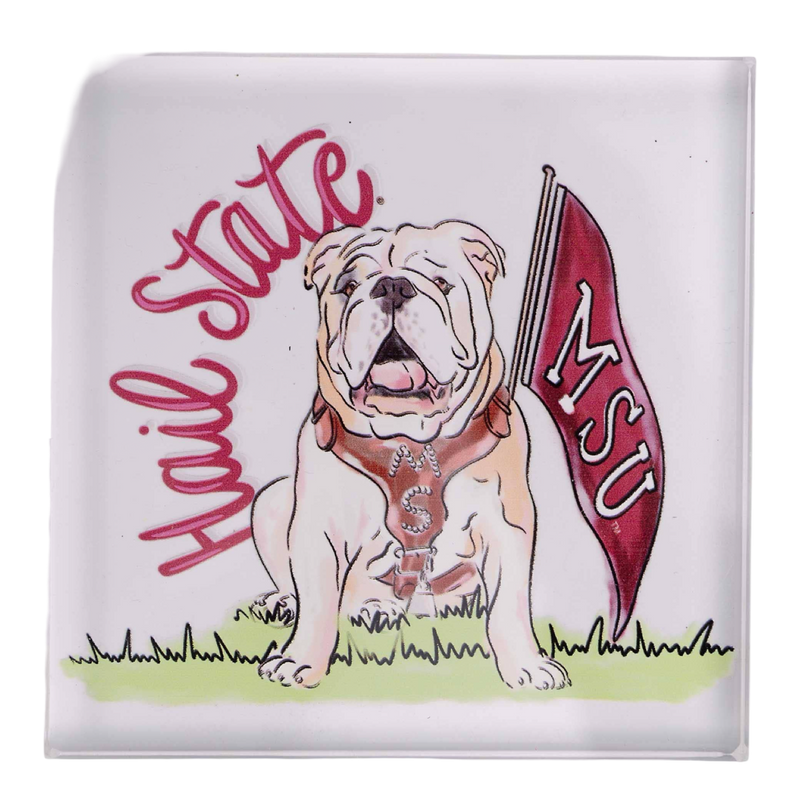 Decorative tile with a bulldog illustration, 'Hail State' text, and an MSU flag on a white background.
