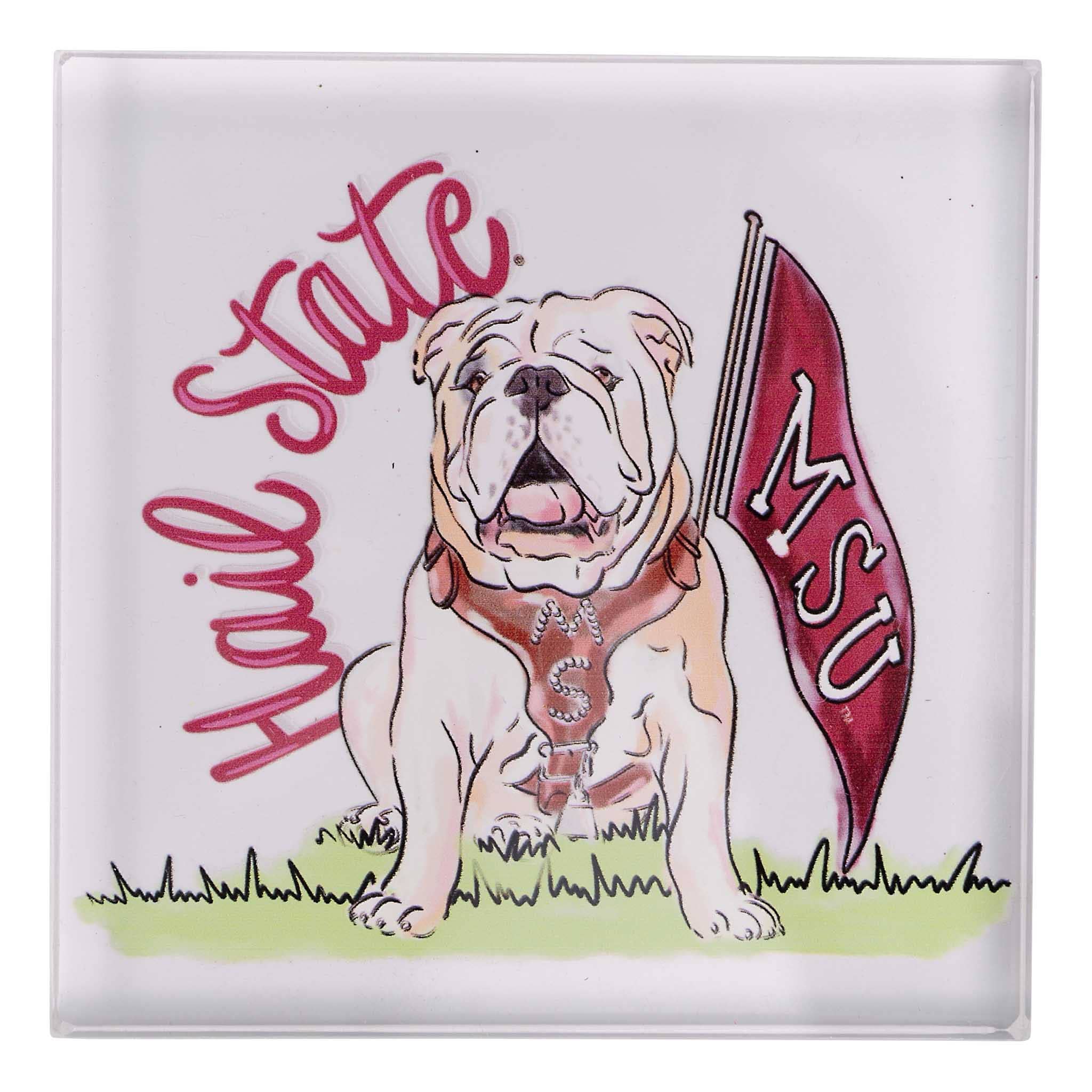 Bulldog holding an MSU flag with 'Hail State' text on a white background