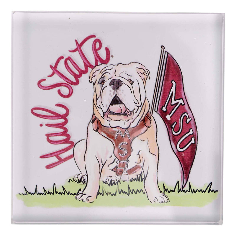 Bulldog holding an MSU flag with 'Hail State' text on a white background
