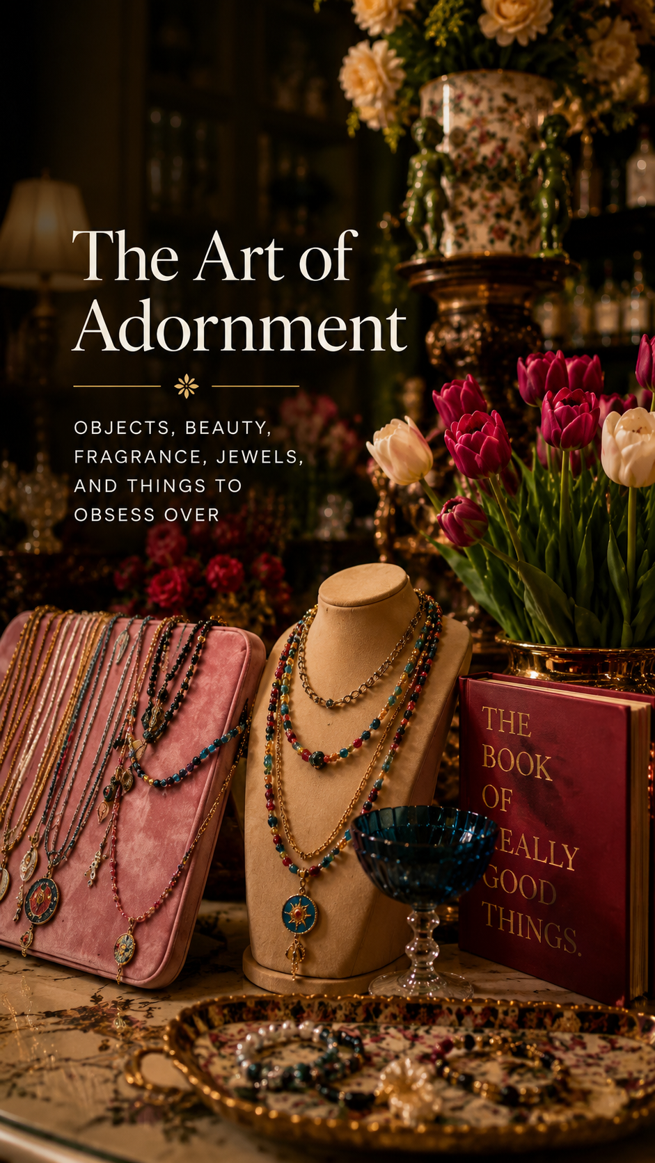 Warm, maximalist jewelry and home boutique display featuring layered necklaces, colorful beaded jewelry, pink velvet displays, tulips, antique-inspired decor, floral arrangements, decorative glassware, and curated luxury objects with text reading “The Art of Adornment.” Oh, Meredith boutique homepage banner showcasing jewelry, beauty, fragrance, and collected treasures.