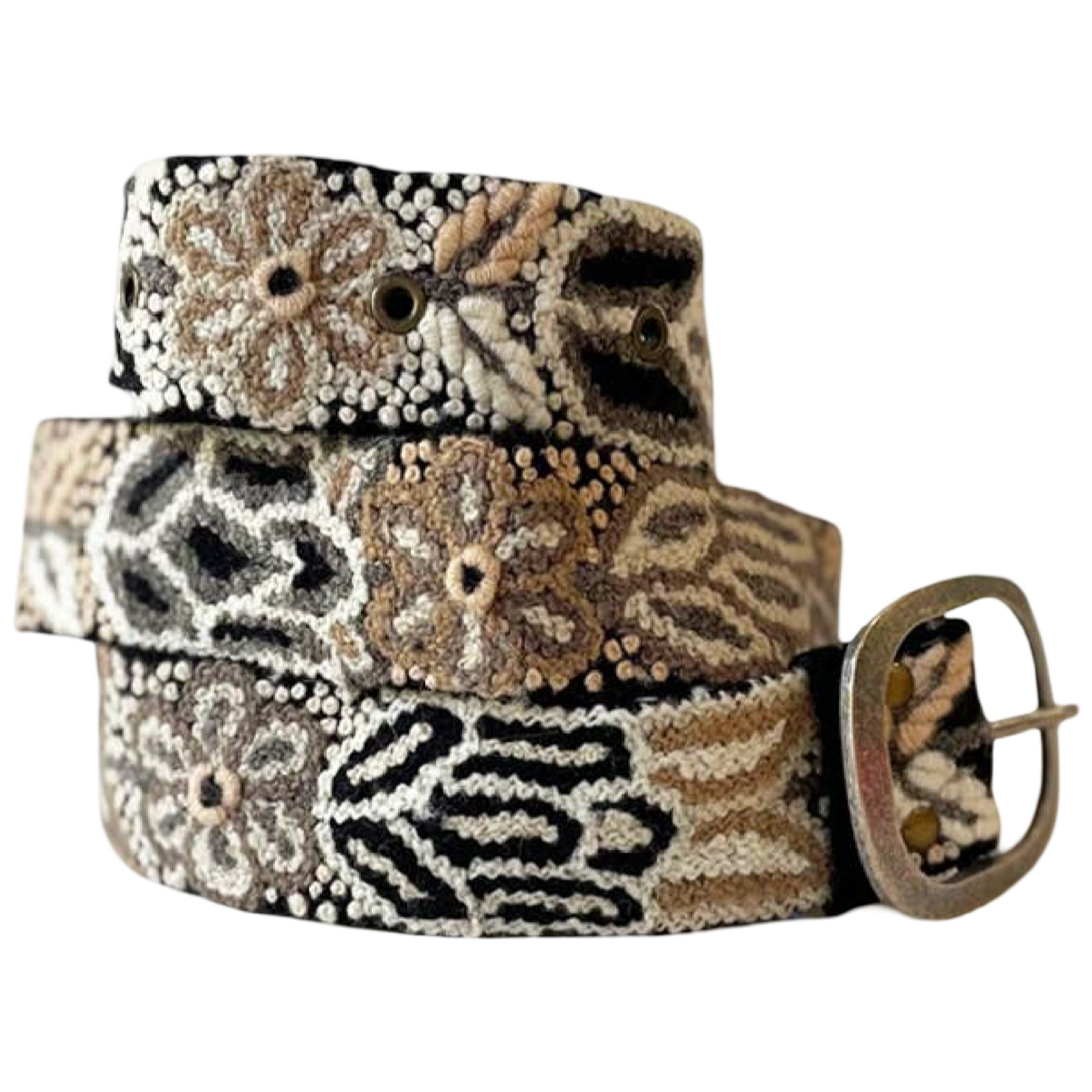 Monochromatic black embroidered wool belt with cream and taupe floral and geometric stitching and a lead-free metal buckle.