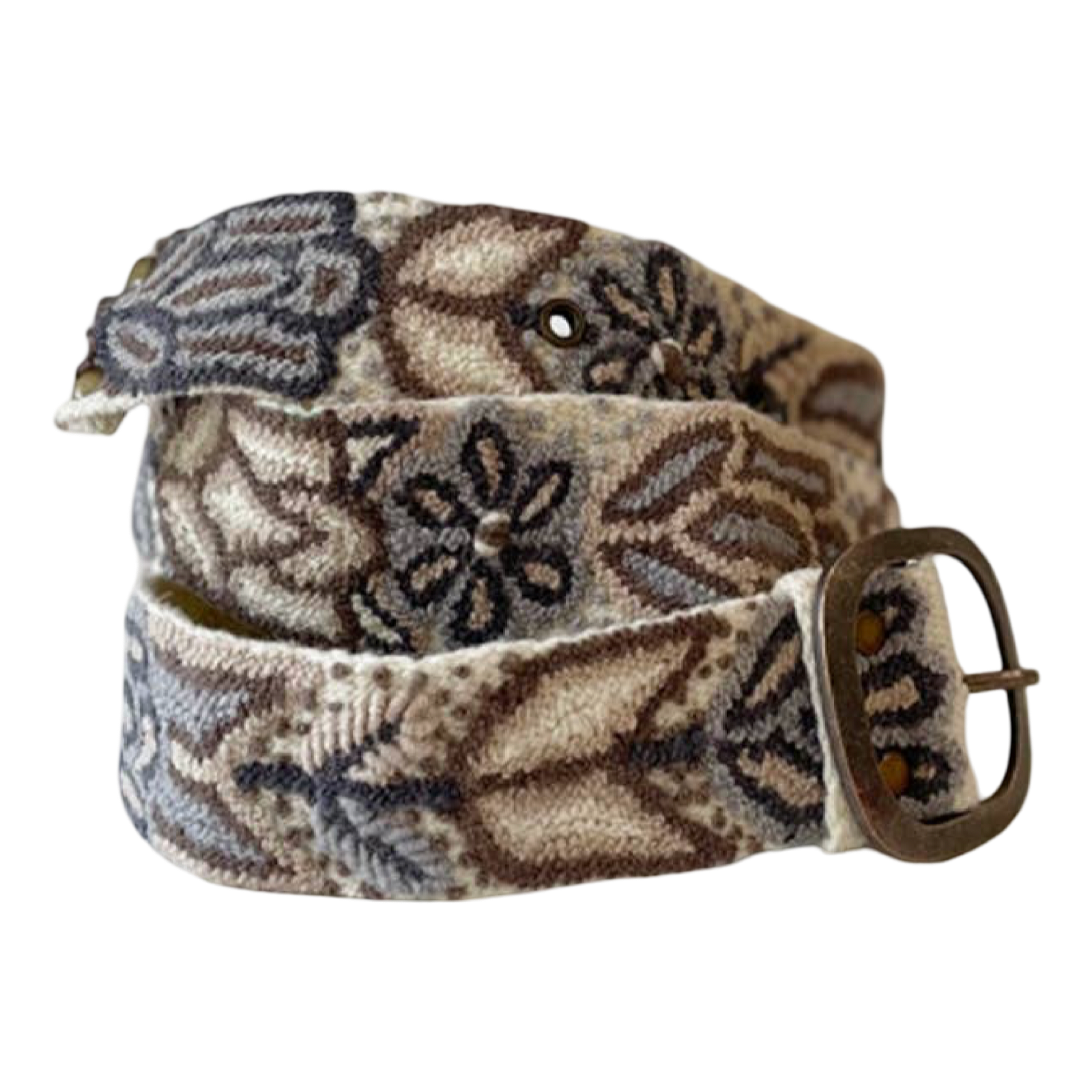 Monochromatic cream embroidered wool belt with taupe, brown, charcoal, and neutral floral stitching and a lead-free metal buckle.