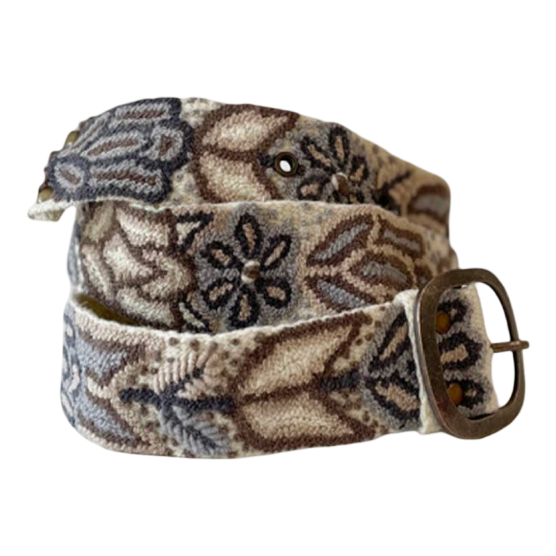 Monochromatic cream embroidered wool belt with taupe, brown, charcoal, and neutral floral stitching and a lead-free metal buckle.