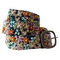 Deep navy wool belt with dimensional lavender, orange, green, cream, and yellow floral embroidery and a lead-free metal buckle.