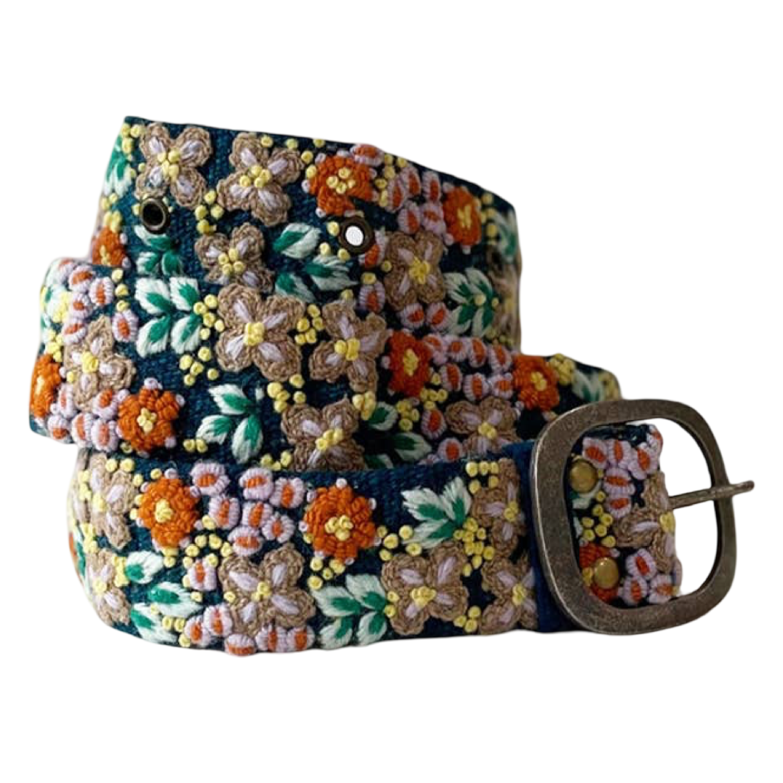 Deep navy wool belt with dimensional lavender, orange, green, cream, and yellow floral embroidery and a lead-free metal buckle.