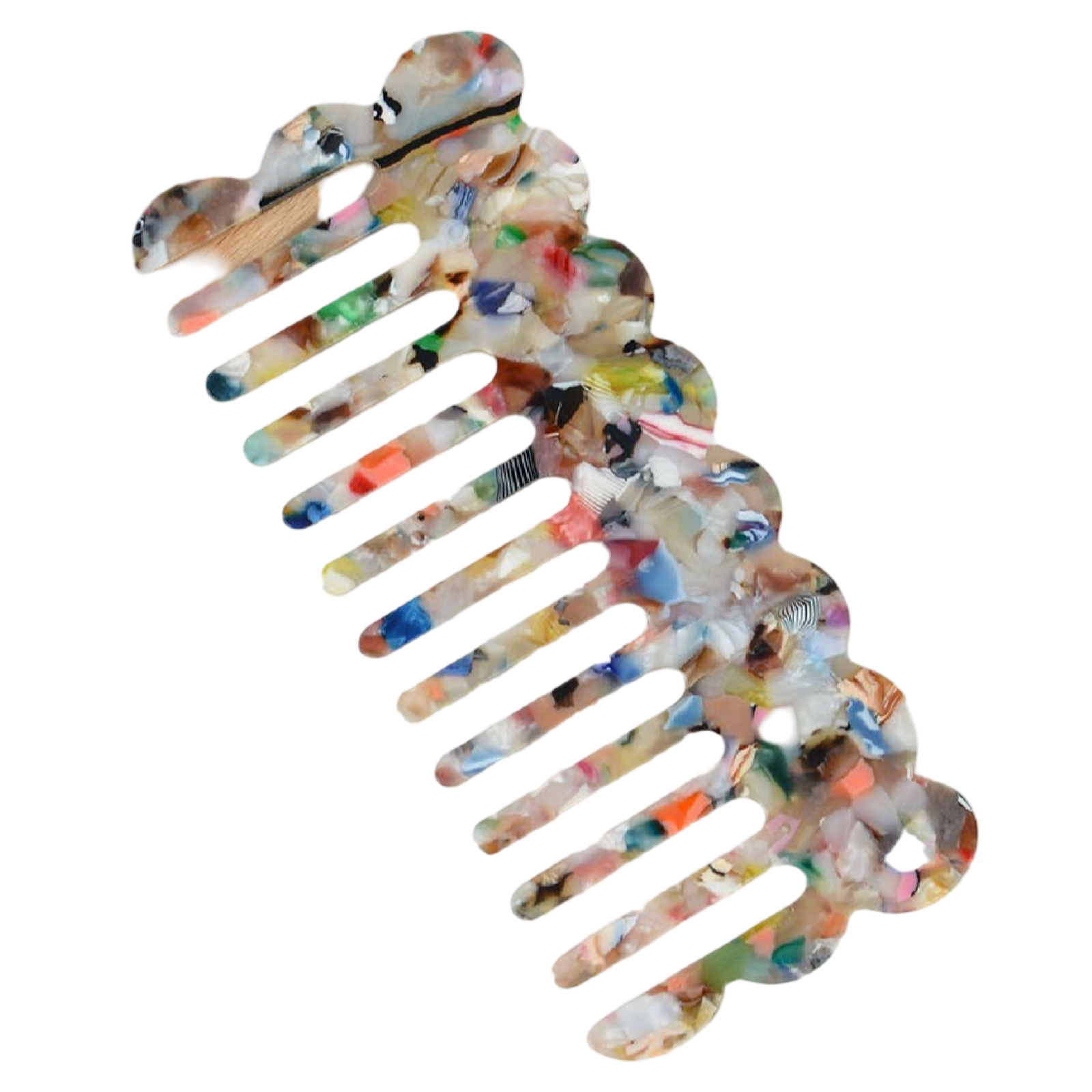 Multicolor acetate wide-tooth hair comb with smooth curved teeth for detangling straight, wavy, and curly hair.