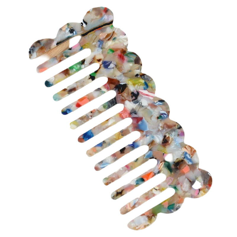 Multicolor acetate wide-tooth hair comb with smooth curved teeth for detangling straight, wavy, and curly hair.