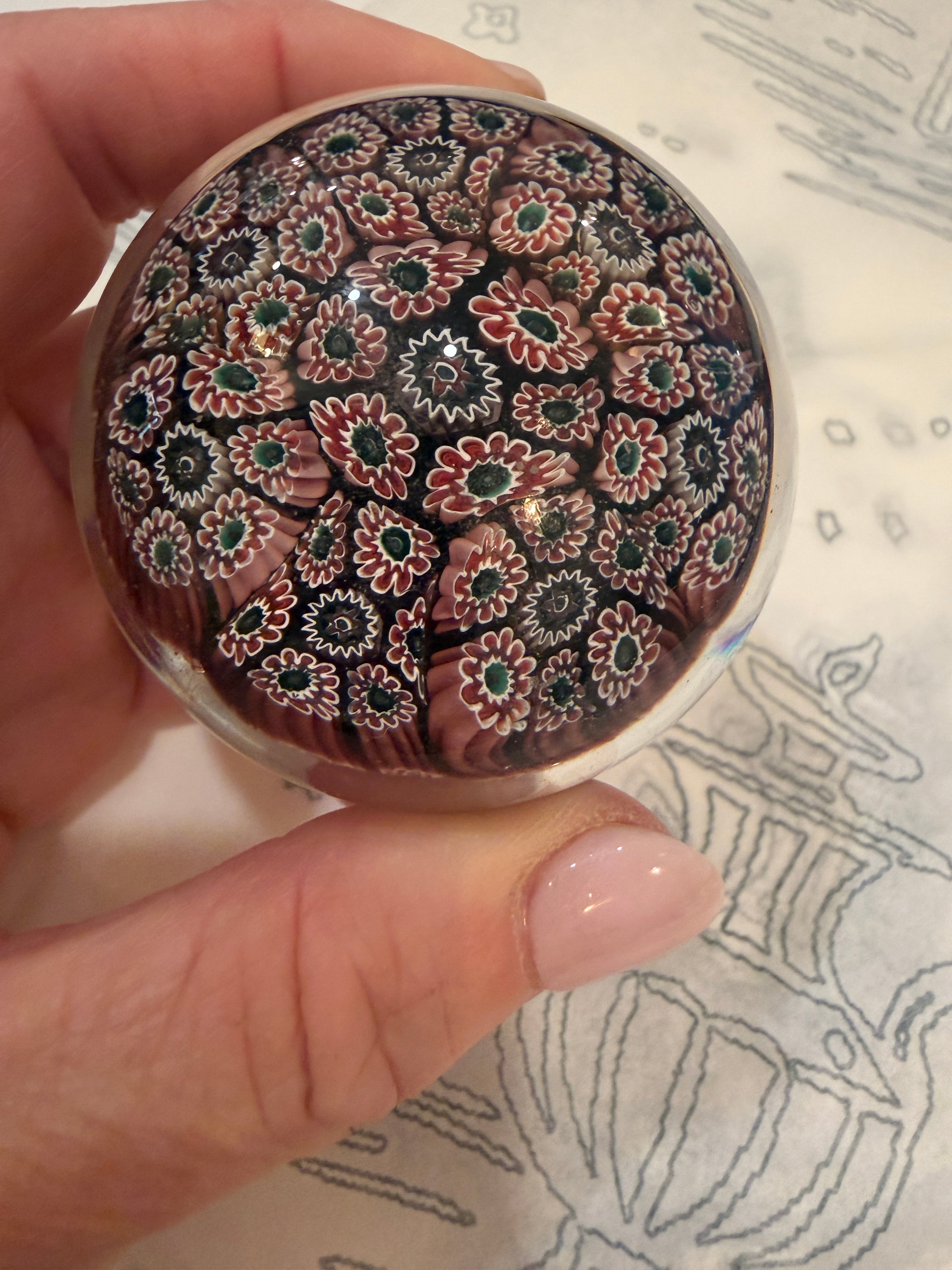 murano paperweight, millefiori paperweight, vintage murano glass, Italian art glass, burgundy glass decor, collectible glass paperweight, murano millefiori, vintage Italian decor, bookshelf decor, coffee table styling, collectible art glass, grandmillennial decor, maximalist home decor, vintage collectible, Italian glass collectible, decorative object, colorful home accessories, murano collectible, vintage home accents, art glass decor