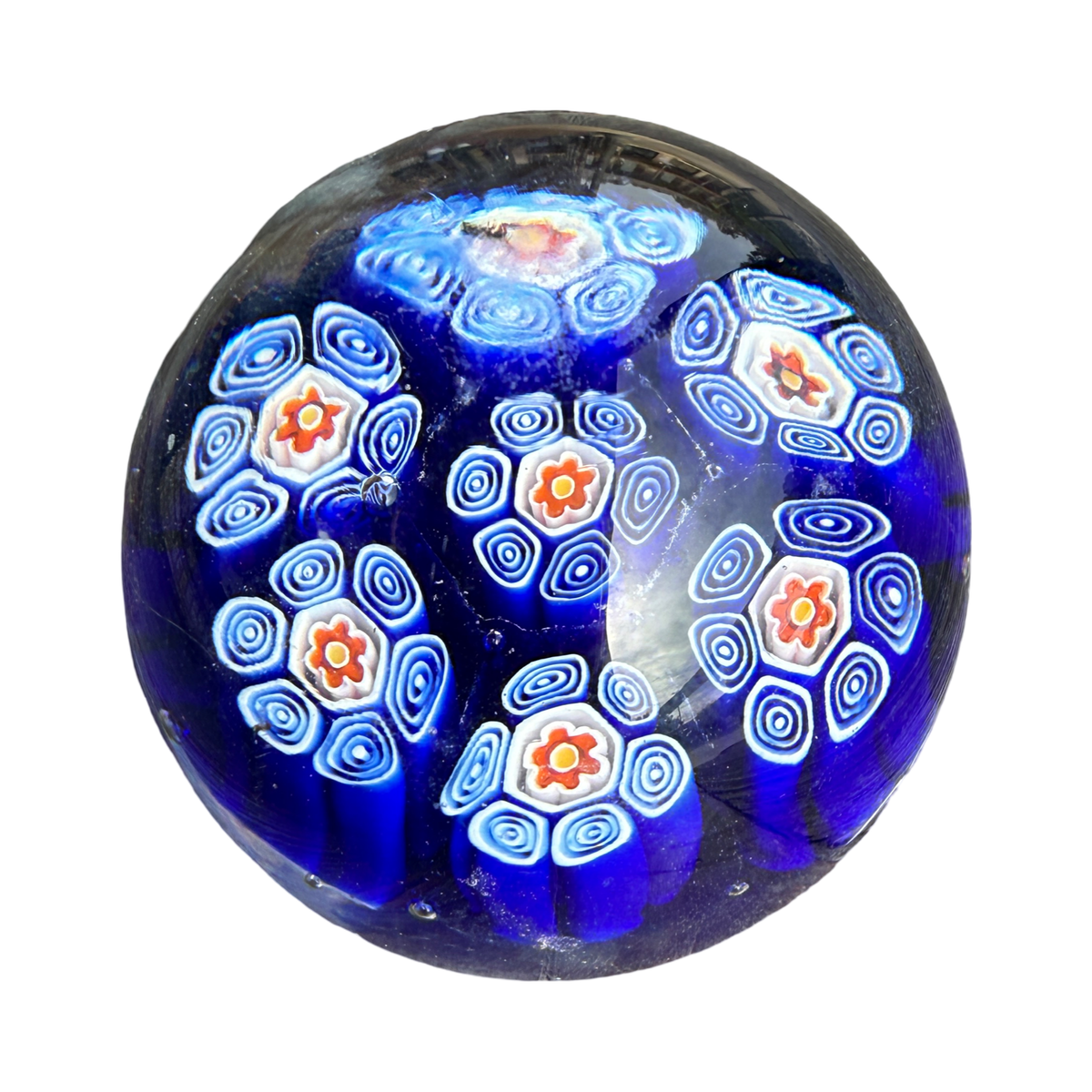 murano paperweight, millefiori paperweight, vintage murano glass, Italian art glass, cobalt blue decor, collectible glass paperweight, murano millefiori, vintage Italian decor, colorful desk accessory, bookshelf decor, coffee table styling, grandmillennial decor, collectible art glass, maximalist home decor, vintage collectible, Italian glass collectible, colorful home accessories, decorative paperweight, murano collectible, vintage home decor