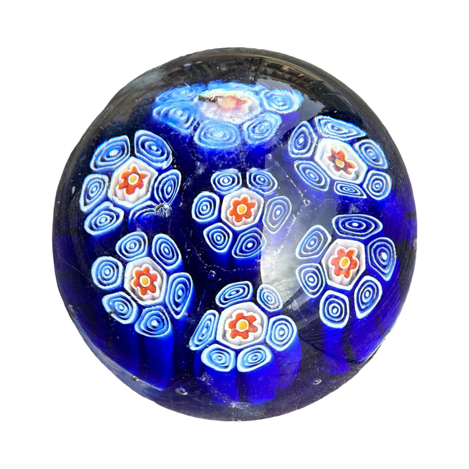 murano paperweight, millefiori paperweight, vintage murano glass, Italian art glass, cobalt blue decor, collectible glass paperweight, murano millefiori, vintage Italian decor, colorful desk accessory, bookshelf decor, coffee table styling, grandmillennial decor, collectible art glass, maximalist home decor, vintage collectible, Italian glass collectible, colorful home accessories, decorative paperweight, murano collectible, vintage home decor