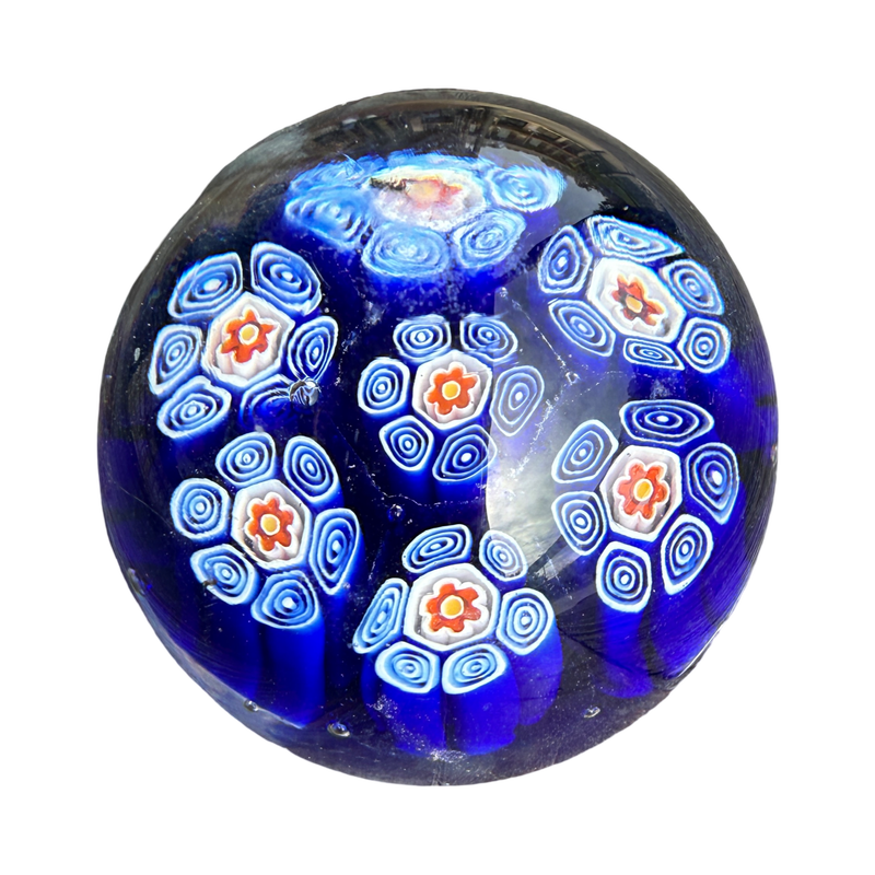murano paperweight, millefiori paperweight, vintage murano glass, Italian art glass, cobalt blue decor, collectible glass paperweight, murano millefiori, vintage Italian decor, colorful desk accessory, bookshelf decor, coffee table styling, grandmillennial decor, collectible art glass, maximalist home decor, vintage collectible, Italian glass collectible, colorful home accessories, decorative paperweight, murano collectible, vintage home decor