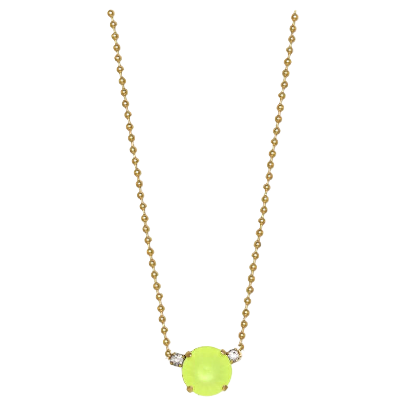 Neon green pendant on a gold chain against a white background