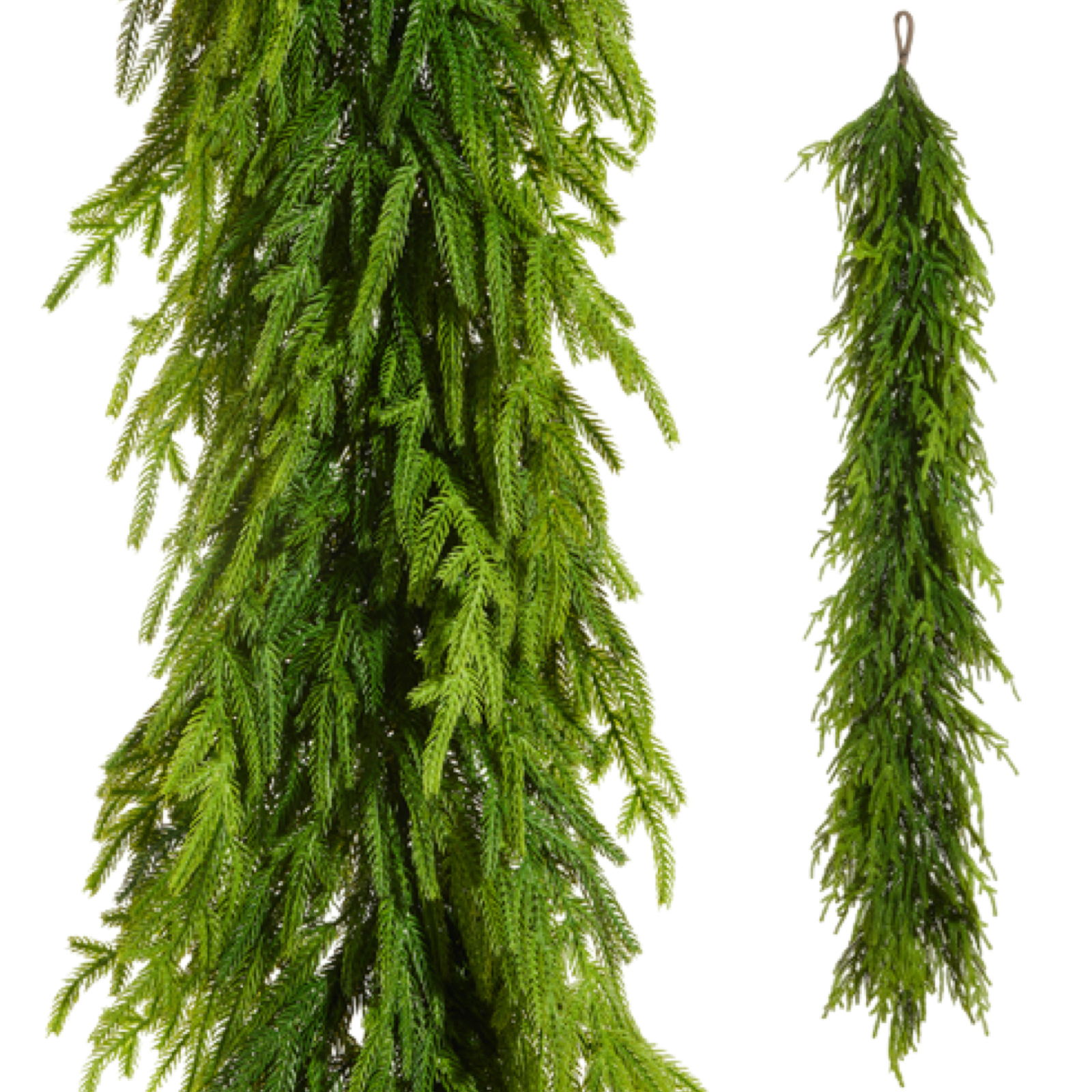 Two artificial green garlands hanging against a white background
