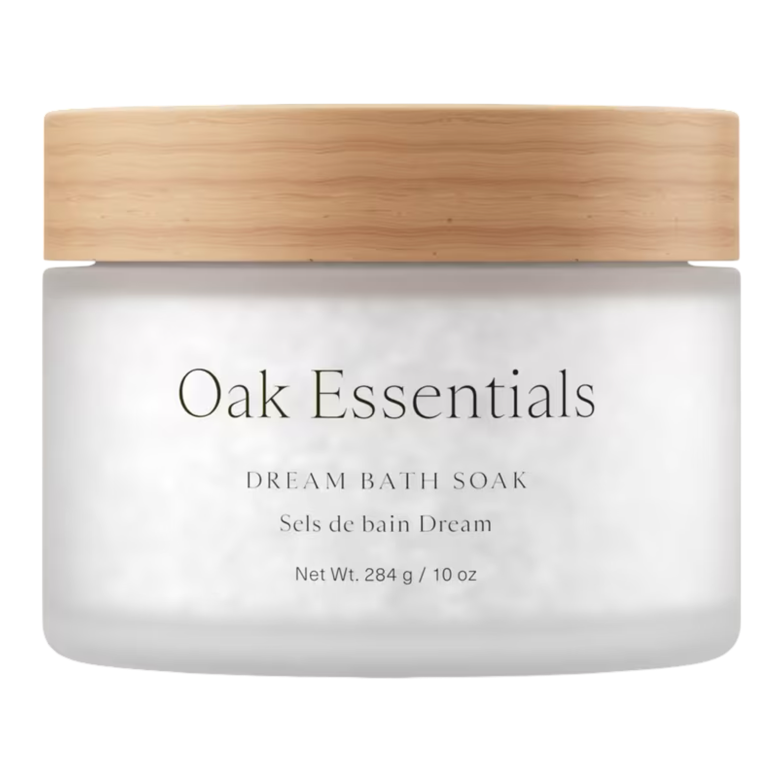 Jar of Oak Essentials Dream Bath Soak with a wooden lid on a white background