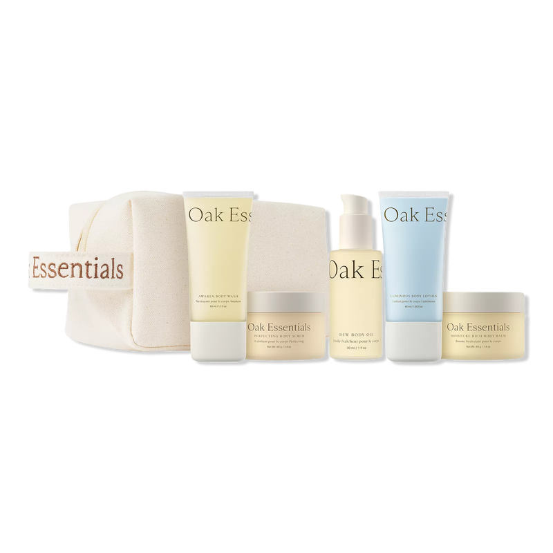 oak essentials travel set, travel body routine, luxury body care set, clean skincare travel, blue tansy body lotion, hydrating body oil, body scrub set, giftable skincare, oak essentials gift
