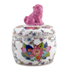 Decorative ceramic jar with floral patterns and a pink cat-shaped handle on a white background