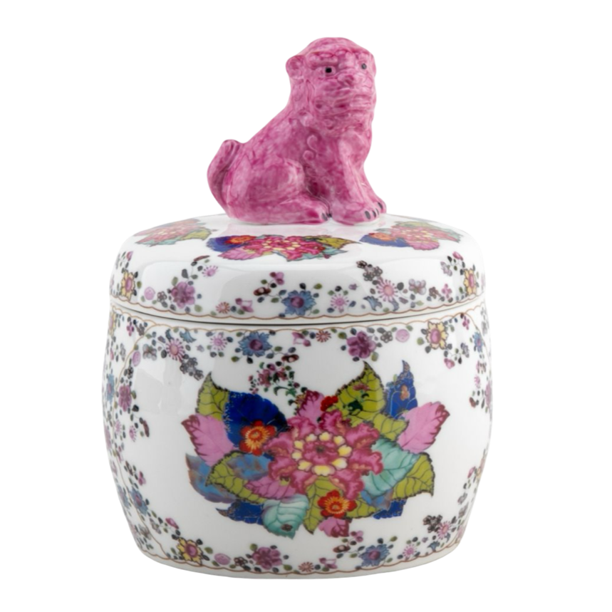Decorative ceramic jar with floral patterns and a pink cat-shaped handle on a white background