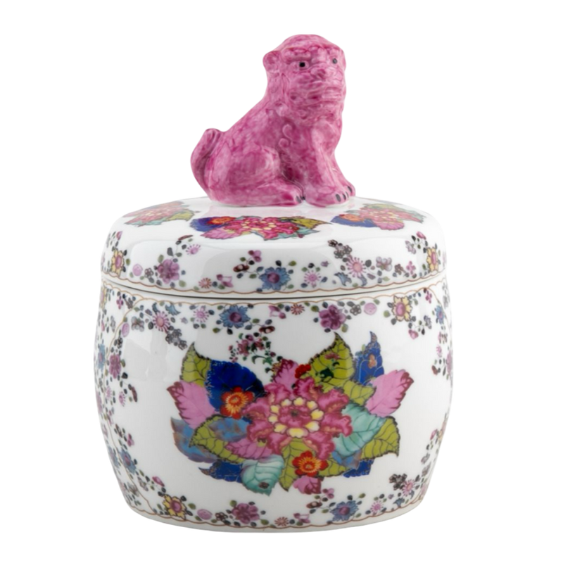 Decorative ceramic jar with floral patterns and a pink cat-shaped handle on a white background