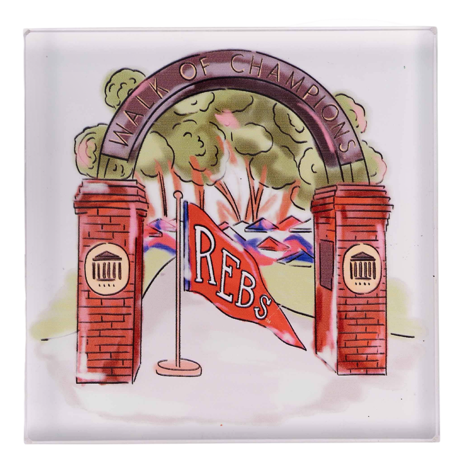 Decorative tile with archway, 'Walk of Champions' text, and 'REBS' banner on a white background