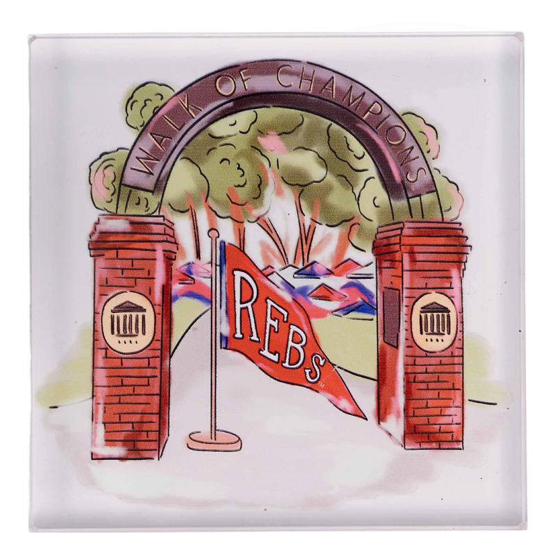 Decorative tile with archway, 'Walk of Champions' text, and 'REBS' banner on a white background