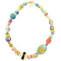 Colorful beaded necklace with various shapes and patterns on a white background