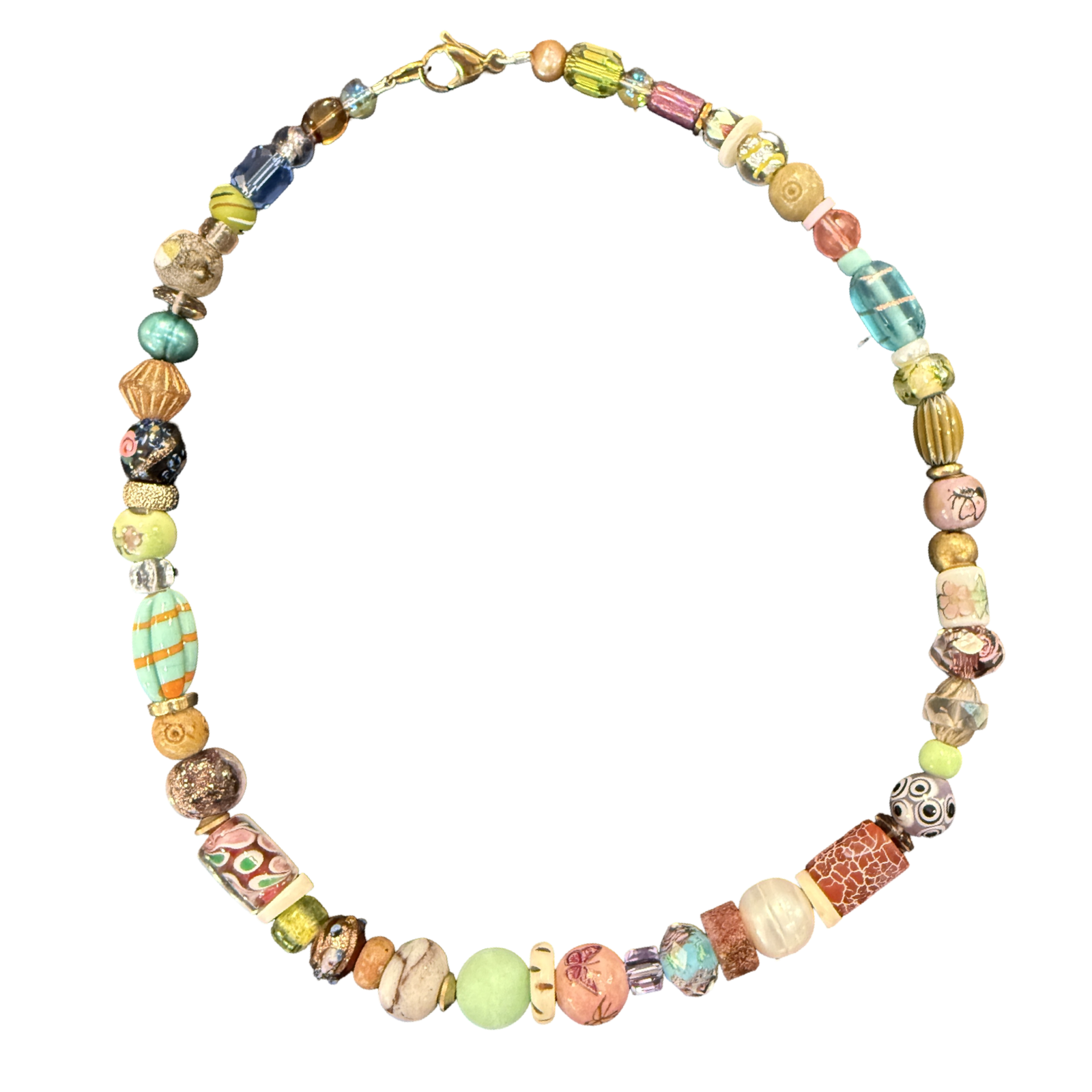 Colorful beaded necklace on a white background
