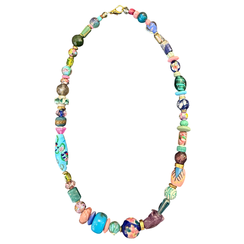 one of one necklace, coastal statement necklace, collected bead necklace, artisan necklace, mermaid jewelry, sea glass inspired necklace, maximalist jewelry, wearable art necklace, colorful statement necklace, resort jewelry, eclectic jewelry, chunky bead necklace, boutique jewelry, fashion jewelry, curated accessories, ocean inspired necklace, artistic statement jewelry, boho luxury necklace, collector style jewelry, unique artisan necklace