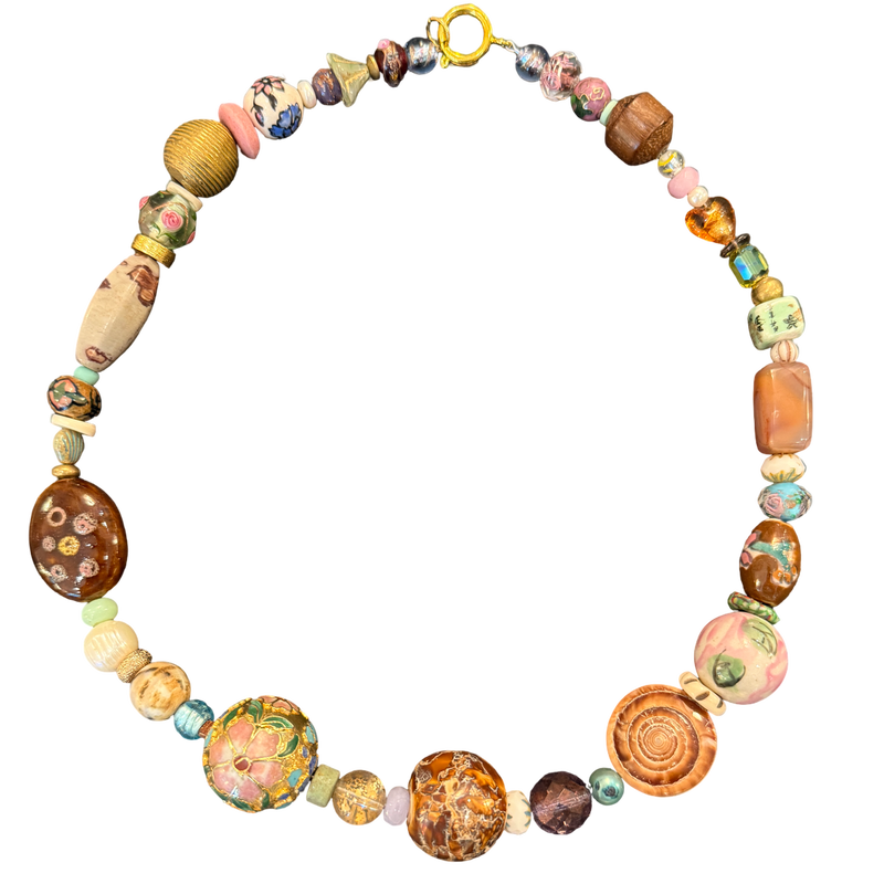 one of one necklace, collected bead necklace, artisan necklace, statement bead necklace, heirloom style jewelry, maximalist jewelry, wearable art necklace, romantic jewelry, eclectic jewelry, chunky bead necklace, vintage inspired necklace, boutique jewelry, fashion jewelry, curated accessories, floral bead necklace, artistic statement jewelry, boho luxury jewelry, collector style jewelry, unique artisan necklace, grandmillennial jewelry
