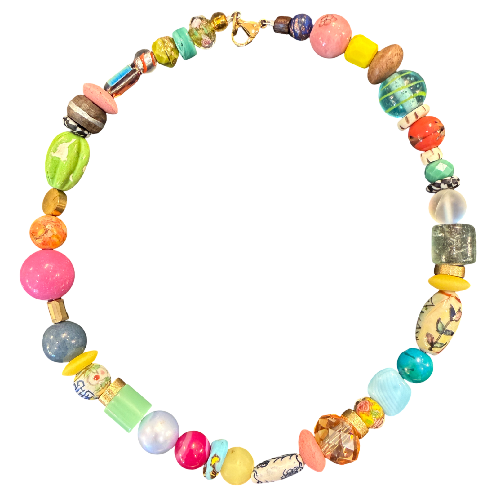 Colorful beaded necklace on a white background