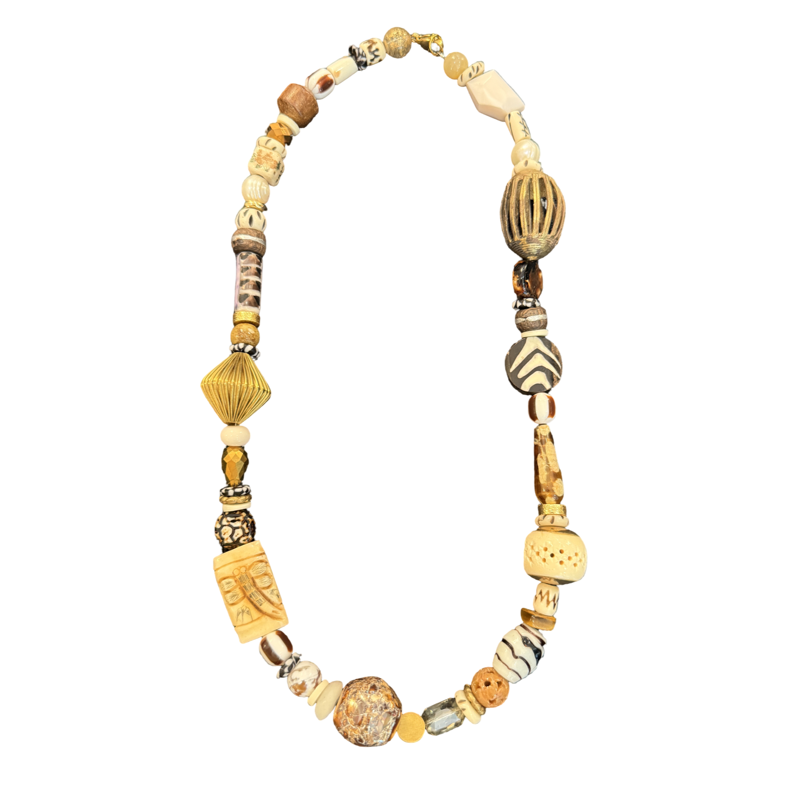 one of one necklace, neutral statement necklace, safari necklace, collected bead necklace, artisan bead necklace, earthy jewelry, maximalist necklace, tribal inspired necklace, chunky bead necklace, neutral jewelry, boho luxury necklace, wearable art jewelry, resort accessories, boutique jewelry, eclectic necklace, brown and cream necklace, statement accessories, fashion jewelry, collected style necklace, unique artisan necklace