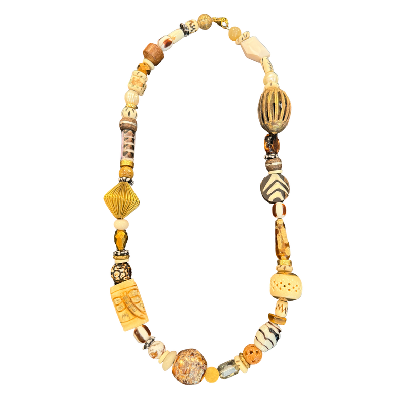 one of one necklace, neutral statement necklace, safari necklace, collected bead necklace, artisan bead necklace, earthy jewelry, maximalist necklace, tribal inspired necklace, chunky bead necklace, neutral jewelry, boho luxury necklace, wearable art jewelry, resort accessories, boutique jewelry, eclectic necklace, brown and cream necklace, statement accessories, fashion jewelry, collected style necklace, unique artisan necklace