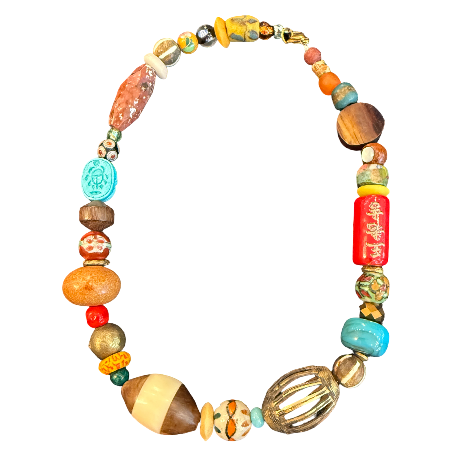 one of one necklace, statement bead necklace, collected bead necklace, artisan necklace, spice market necklace, earthy jewelry, maximalist necklace, wood bead necklace, turquoise statement necklace, boho luxury jewelry, wearable art necklace, eclectic accessories, resort jewelry, boutique jewelry, colorful statement necklace, travel inspired jewelry, chunky bead necklace, globally inspired jewelry, curated accessories, unique artisan necklace