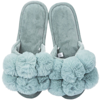 open toe slippers, plush slippers, pompom slippers, luxe slippers, comfy slippers, cozy slippers, stylish slippers, lounging footwear, plush footwear, MeMoi slippers