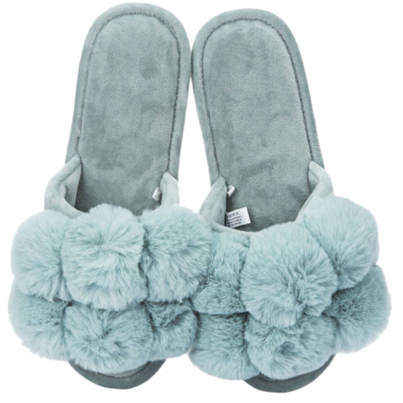 open toe slippers, plush slippers, pompom slippers, luxe slippers, comfy slippers, cozy slippers, stylish slippers, lounging footwear, plush footwear, MeMoi slippers
