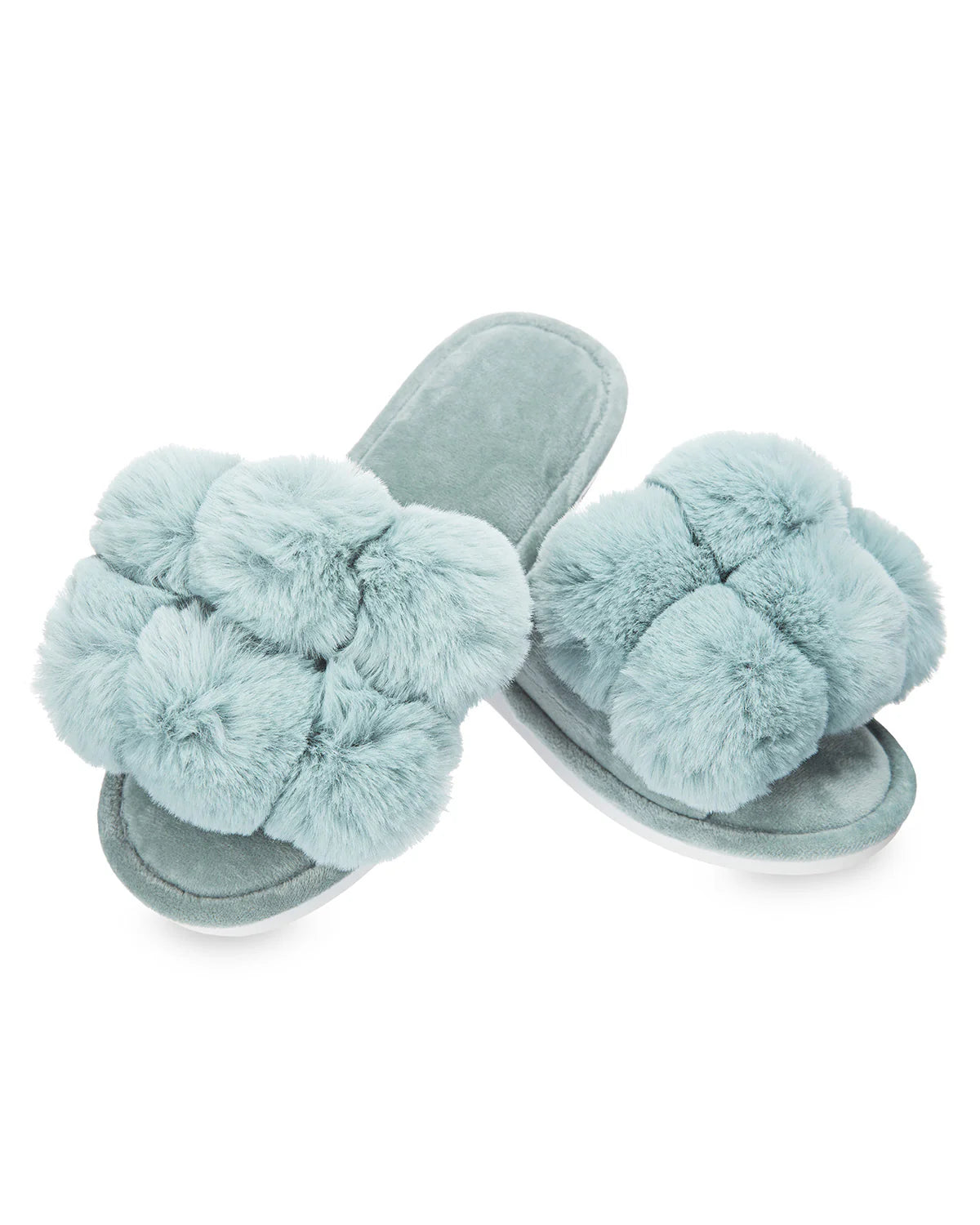 open toe slippers, plush slippers, pompom slippers, luxe slippers, comfy slippers, cozy slippers, stylish slippers, lounging footwear, plush footwear, MeMoi slippers