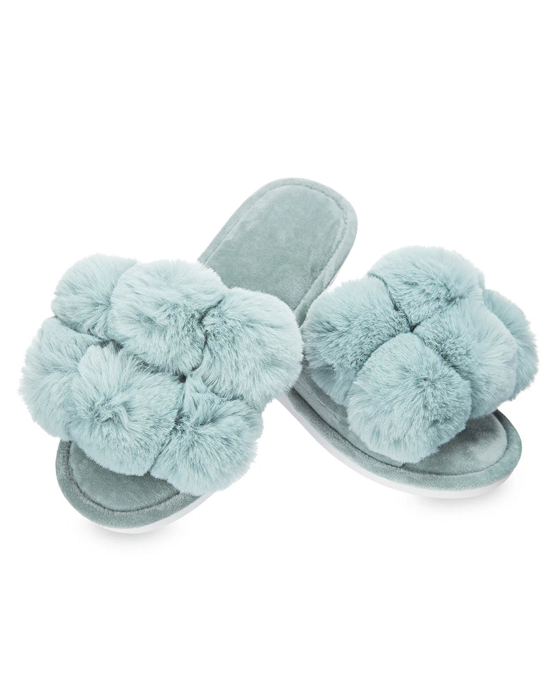 open toe slippers, plush slippers, pompom slippers, luxe slippers, comfy slippers, cozy slippers, stylish slippers, lounging footwear, plush footwear, MeMoi slippers