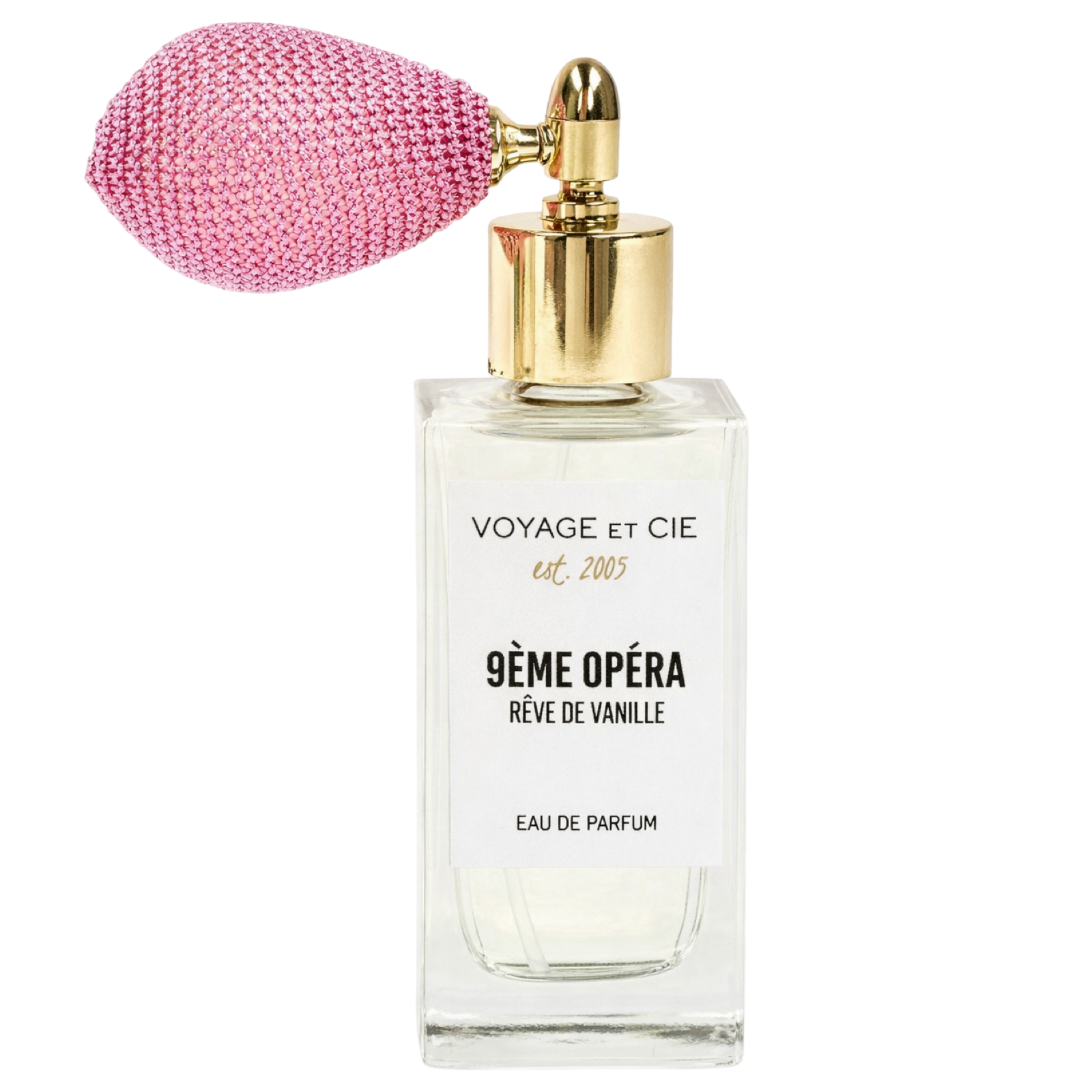 Perfume bottle with pink cap and gold accents on a white background