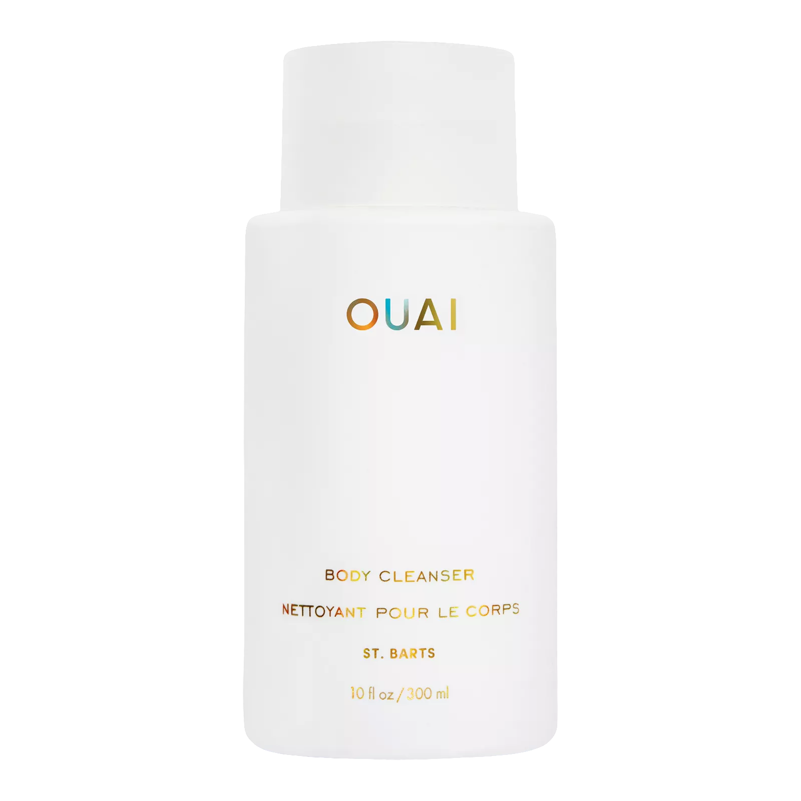 White bottle of OUAI body cleanser on a white background