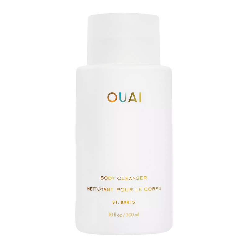 White bottle of OUAI body cleanser on a white background
