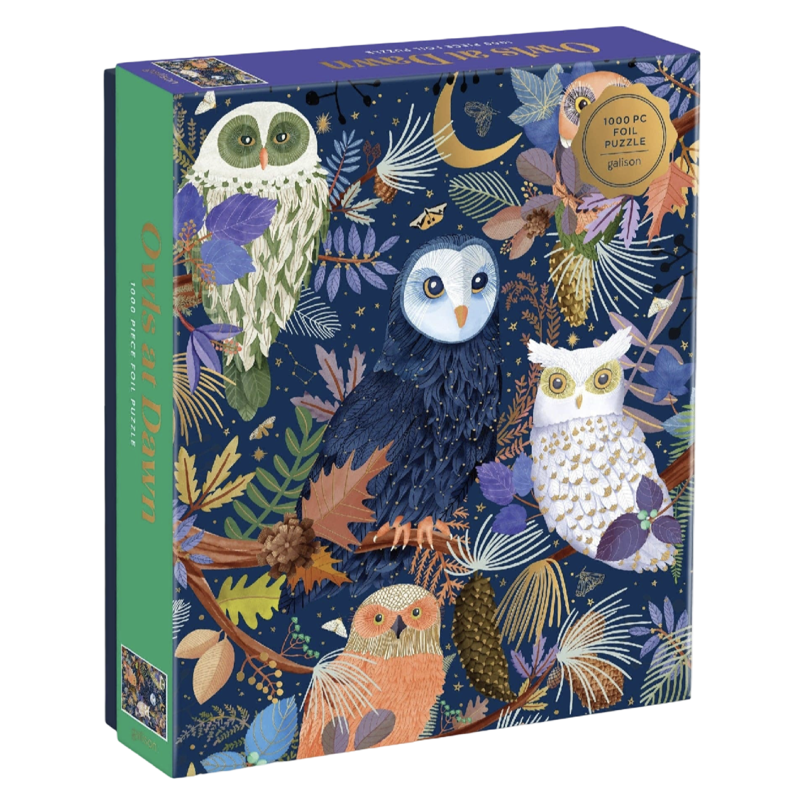 owl puzzle, 1000 piece puzzle, Mara Penny puzzle, foil puzzle, woodland puzzle, bird lover gift, owl artwork, nature puzzle, luxury puzzle, colorful puzzle, puzzle for adults, gold foil puzzle, winter puzzle, forest puzzle, cozy activities, art puzzle, whimsical illustration, puzzle gift, boutique gifts, premium puzzle