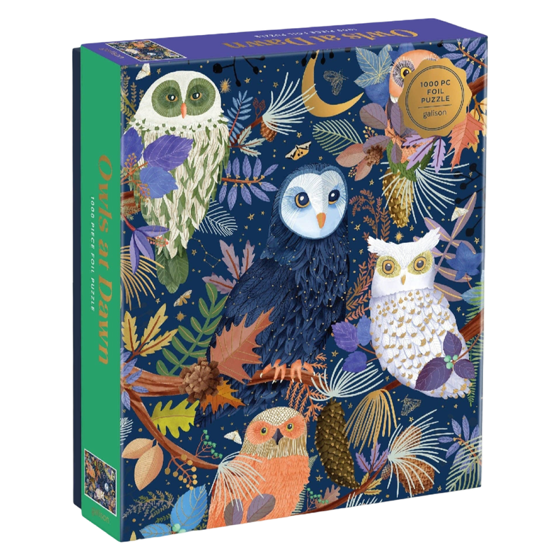 owl puzzle, 1000 piece puzzle, Mara Penny puzzle, foil puzzle, woodland puzzle, bird lover gift, owl artwork, nature puzzle, luxury puzzle, colorful puzzle, puzzle for adults, gold foil puzzle, winter puzzle, forest puzzle, cozy activities, art puzzle, whimsical illustration, puzzle gift, boutique gifts, premium puzzle