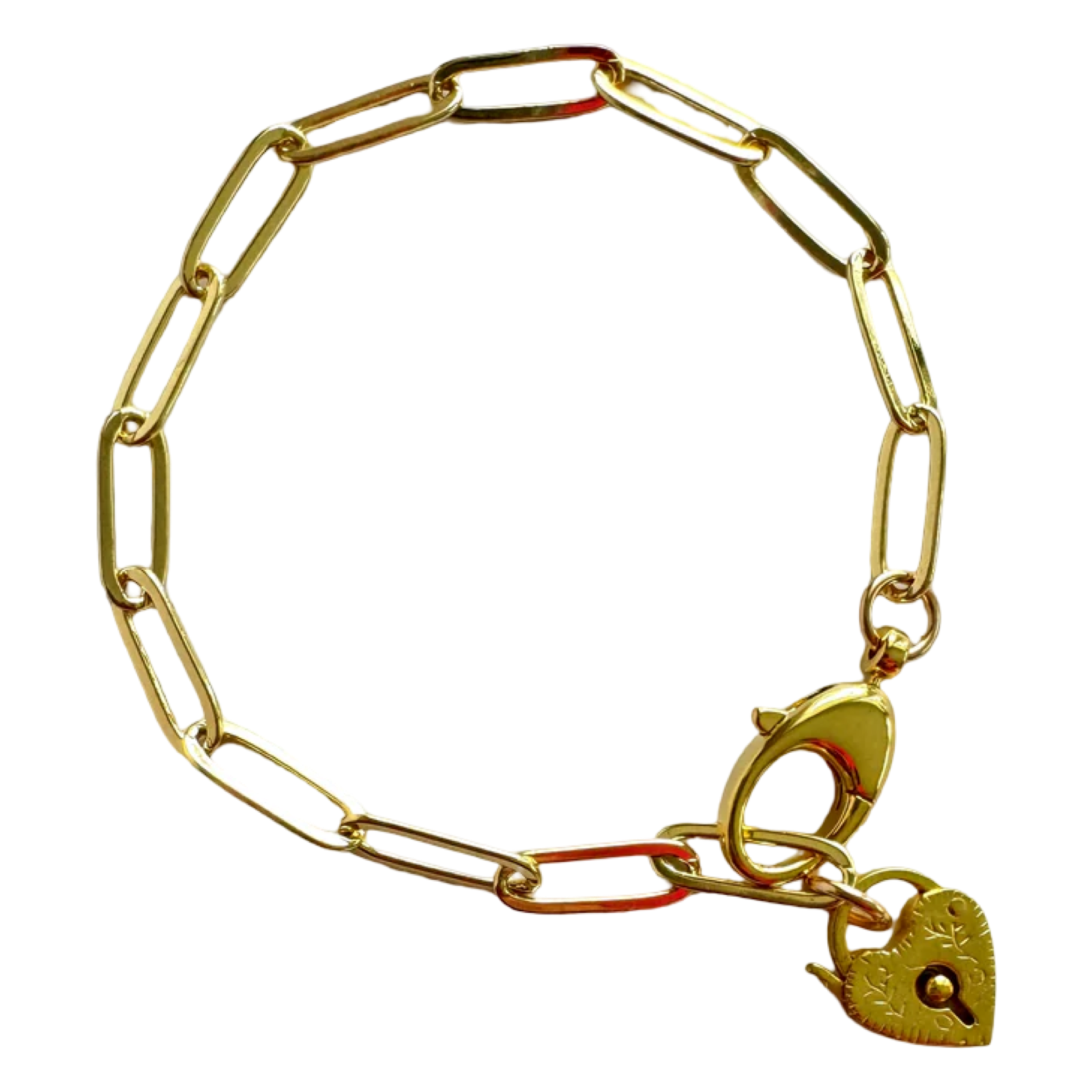 Gold chain bracelet with a heart-shaped padlock charm on a white background