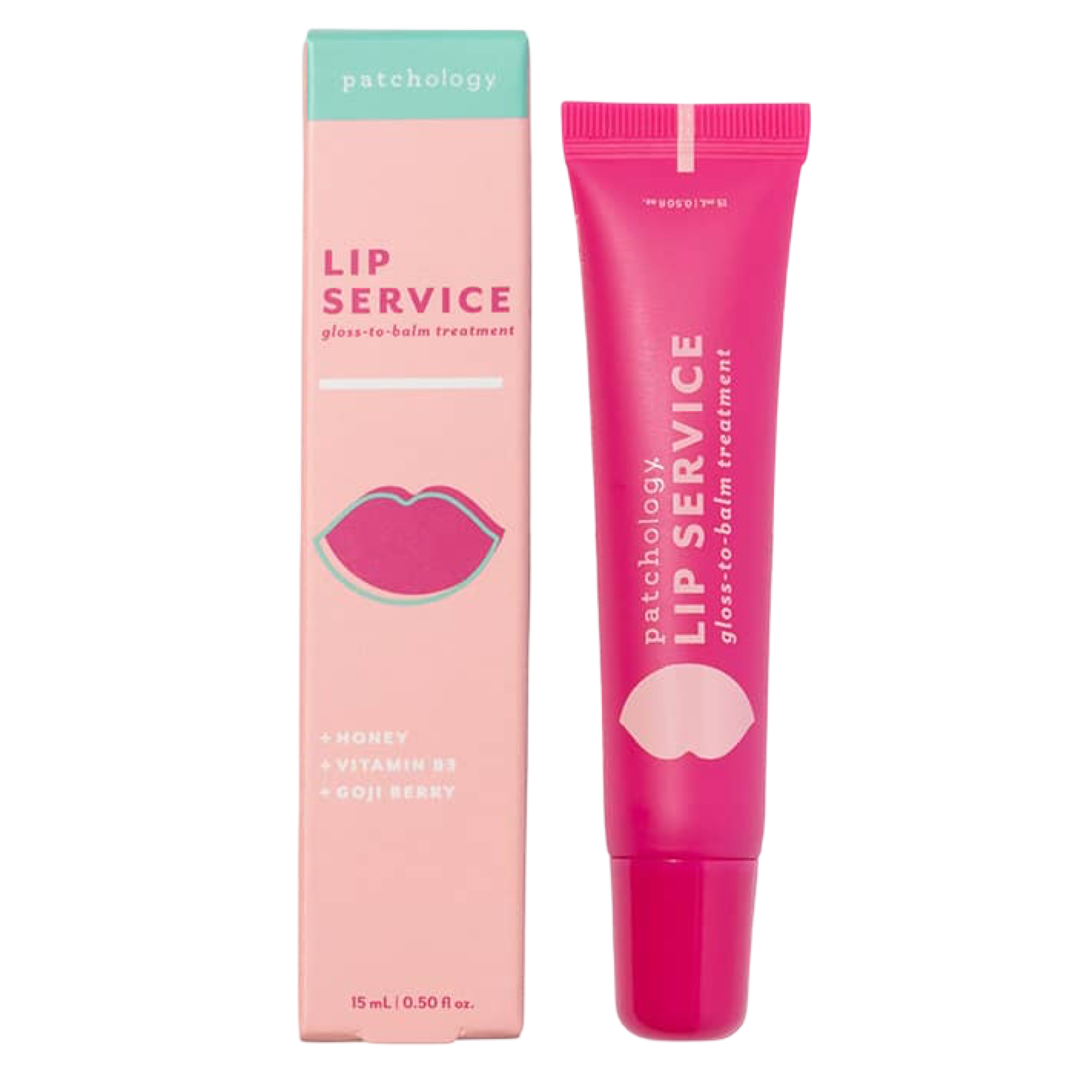 Patchology Lip Service lip balm tube and packaging on a white background