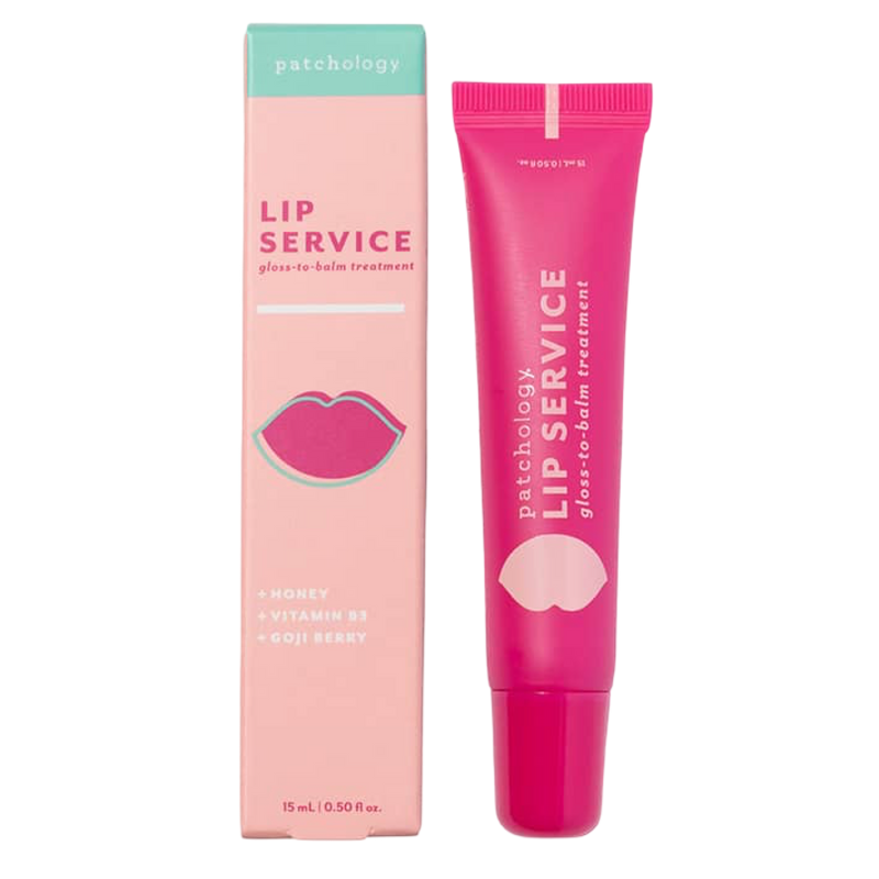 Patchology Lip Service lip balm tube and packaging on a white background