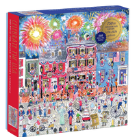 Puzzle box with a colorful illustration of a street scene and fireworks, celebrating the USA.